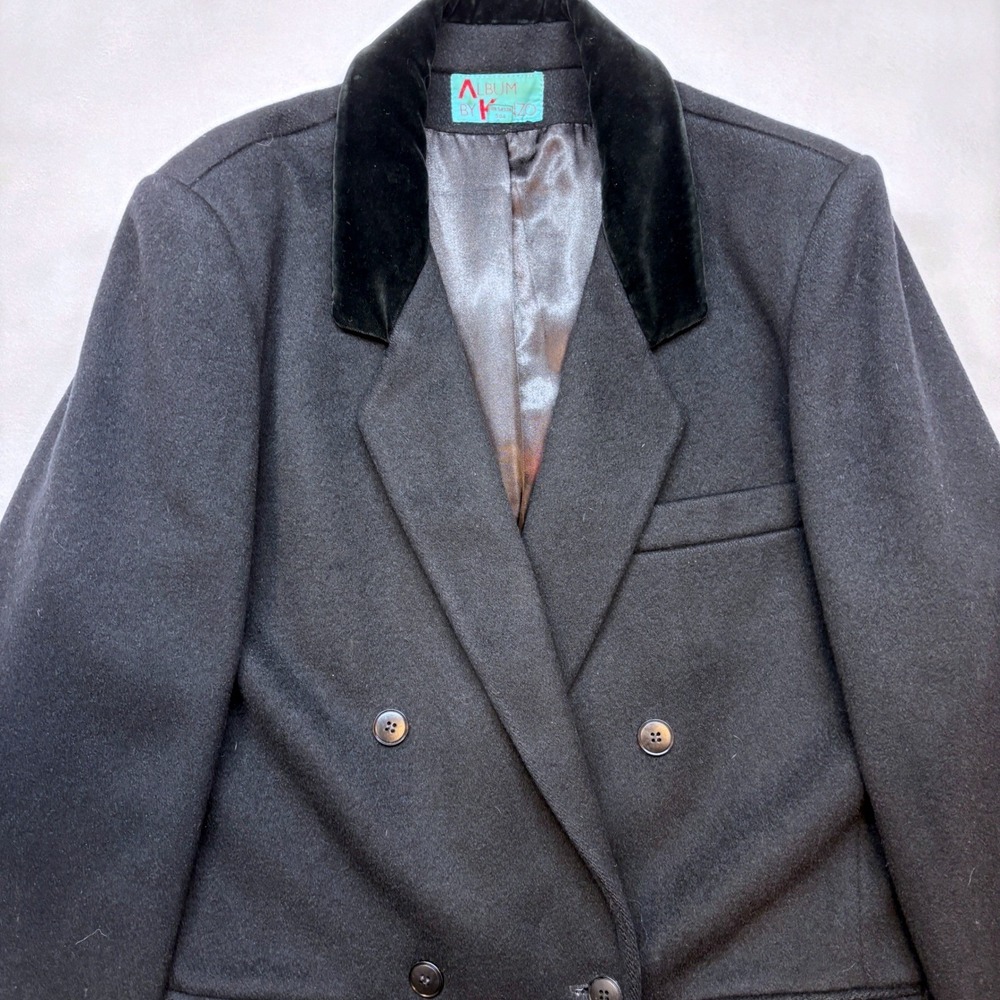 Vintage Album by Kenzo Black 100% Wool Velvet Collar Double Breasted Long Coat L
